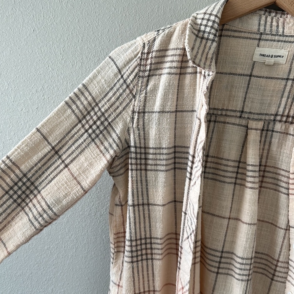 Thread & Supply Plaid Flannel Button Down Small Cream Gray Pink - Picture 8 of 11